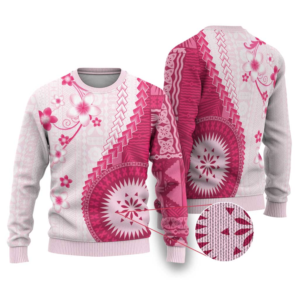 Bula Fiji Ugly Christmas Sweater Pink Plumeria Masi Tapa Pattern LT05 Pink - Polynesian Pride