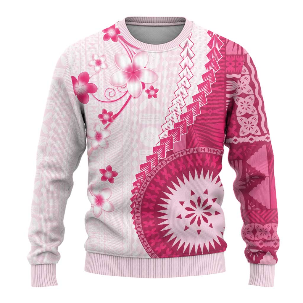 Bula Fiji Ugly Christmas Sweater Pink Plumeria Masi Tapa Pattern LT05 - Polynesian Pride