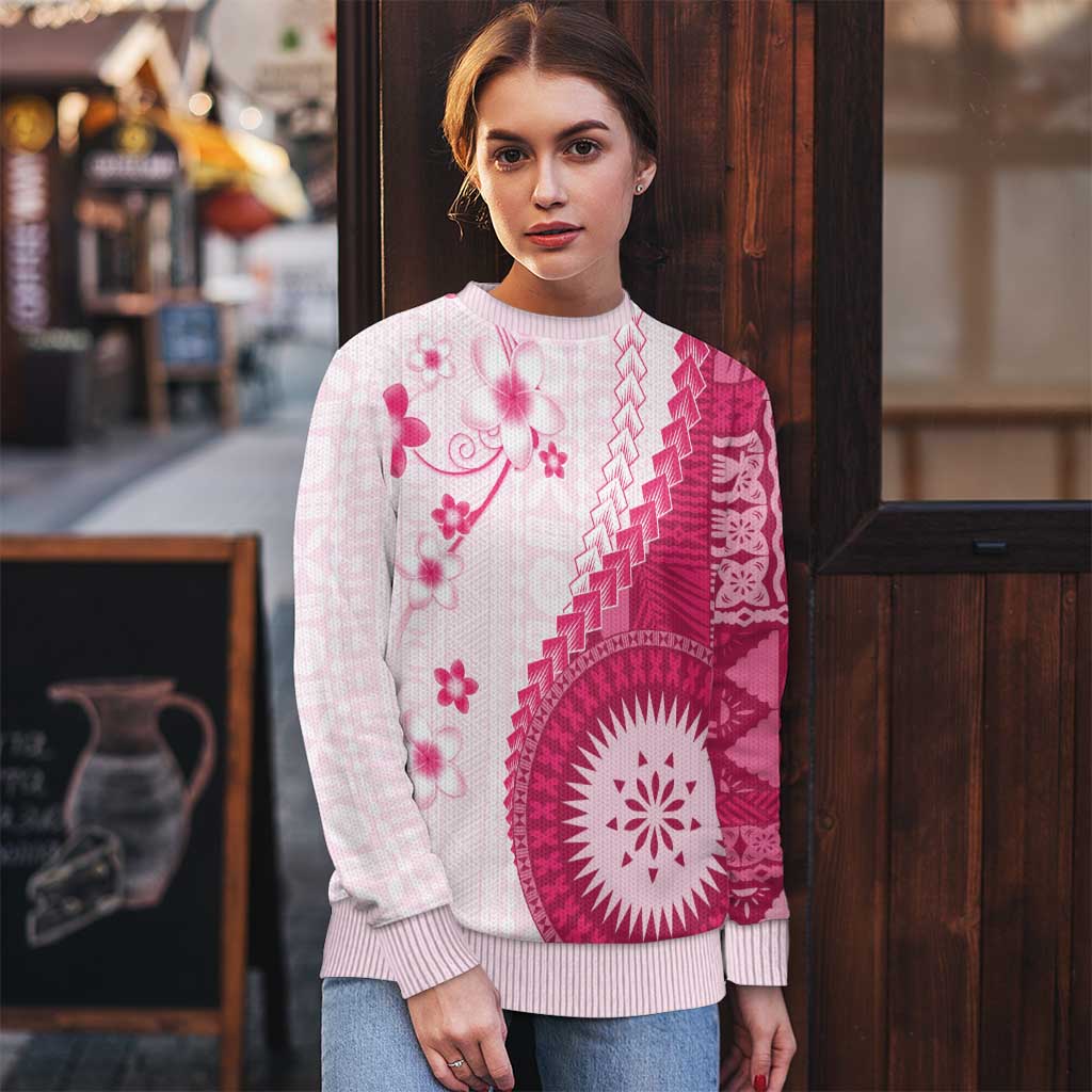 Bula Fiji Ugly Christmas Sweater Pink Plumeria Masi Tapa Pattern LT05 - Polynesian Pride