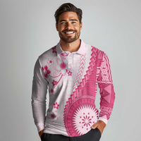 Bula Fiji Long Sleeve Polo Shirt Pink Plumeria Masi Tapa Pattern - Polynesian Pride