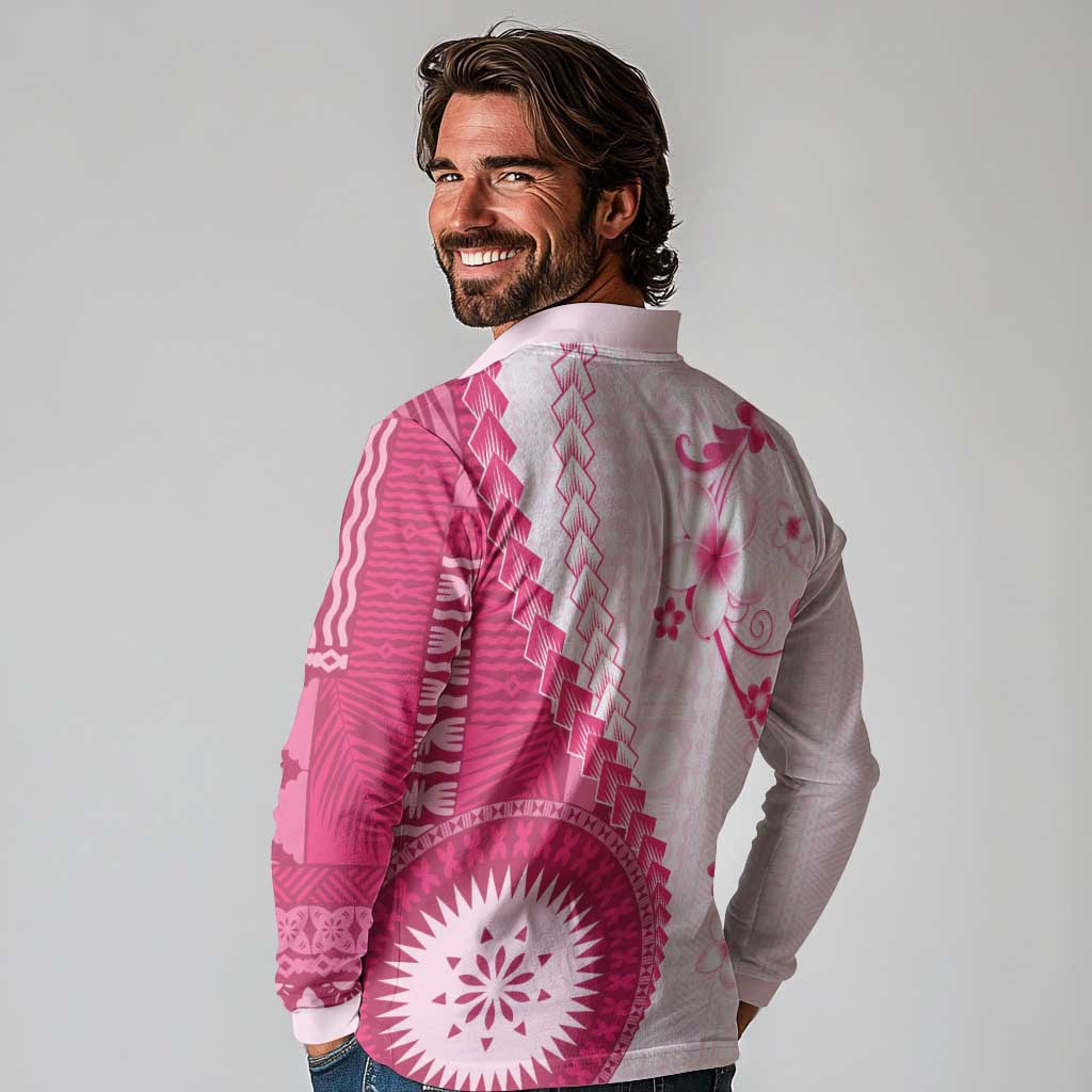 Bula Fiji Long Sleeve Polo Shirt Pink Plumeria Masi Tapa Pattern - Polynesian Pride