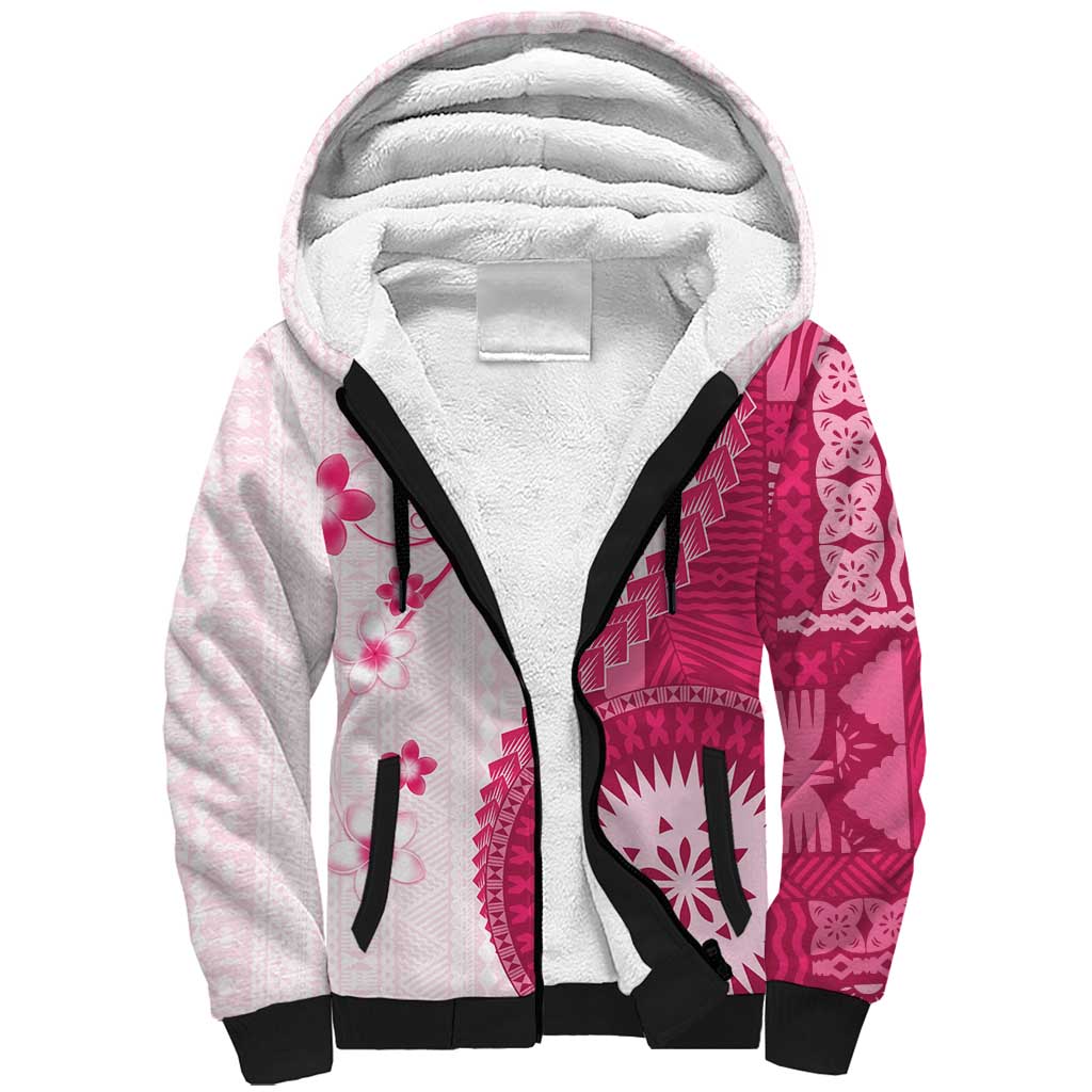 Bula Fiji Sherpa Hoodie Pink Plumeria Masi Tapa Pattern LT05 Unisex Pink - Polynesian Pride