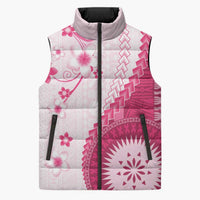 Bula Fiji Sleeveless Puffer Jacket Pink Plumeria Masi Tapa Pattern - Polynesian Pride