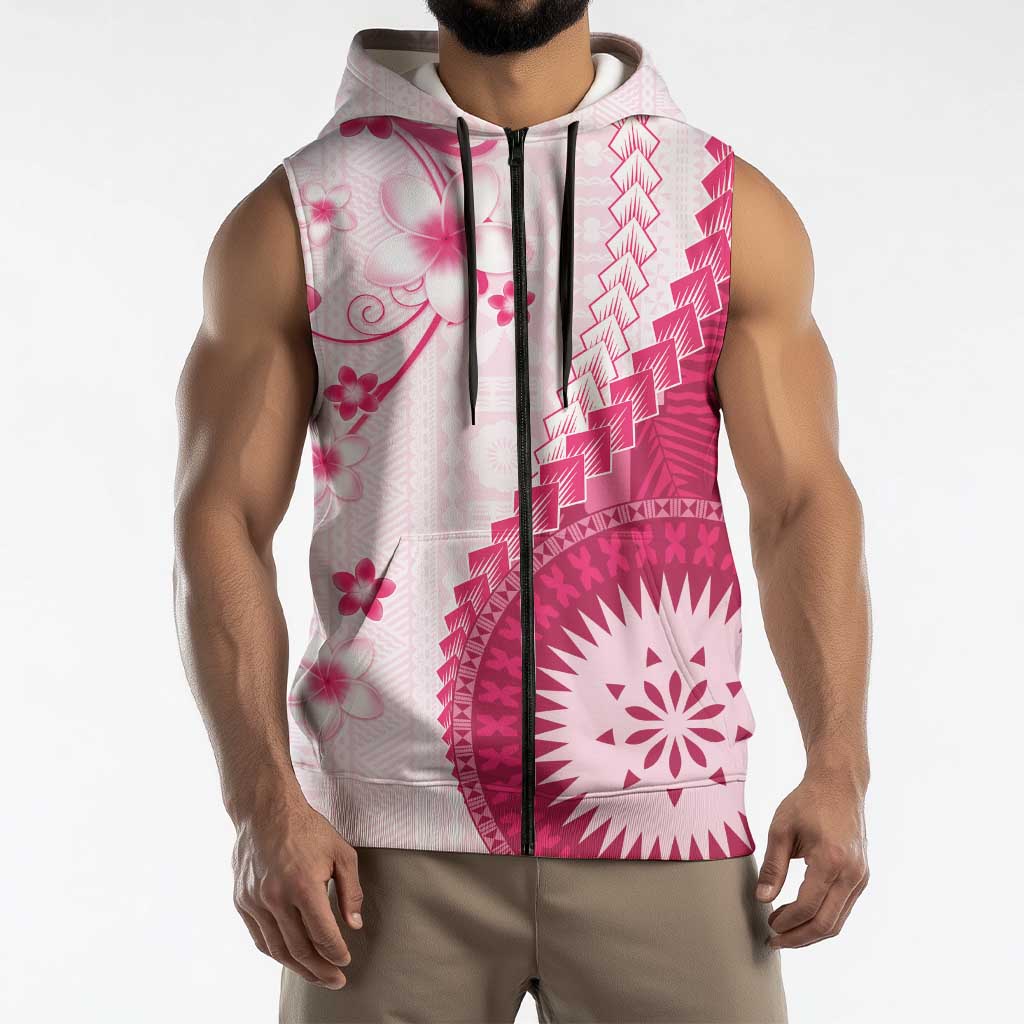 Bula Fiji Sleeveless Zip Hoodie Pink Plumeria Masi Tapa Pattern LT05 - Polynesian Pride