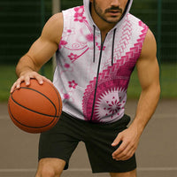 Bula Fiji Sleeveless Zip Hoodie Pink Plumeria Masi Tapa Pattern LT05 - Polynesian Pride