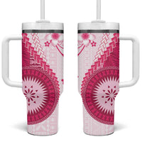 Bula Fiji Tumbler With Handle Pink Plumeria Masi Tapa Pattern LT05 One Size: 40 oz Pink - Polynesian Pride