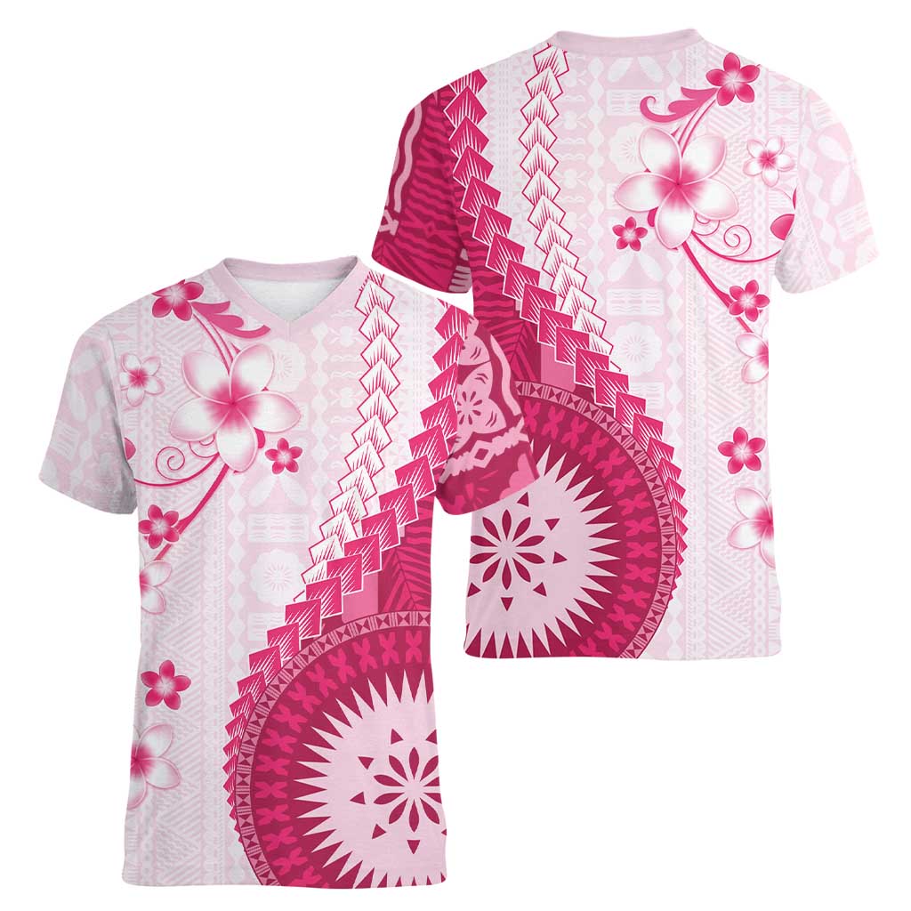 Bula Fiji Women V-Neck T-Shirt Pink Plumeria Masi Tapa Pattern - Polynesian Pride