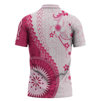 Bula Fiji Zipper Polo Shirt Pink Plumeria Masi Tapa Pattern - Polynesian Pride