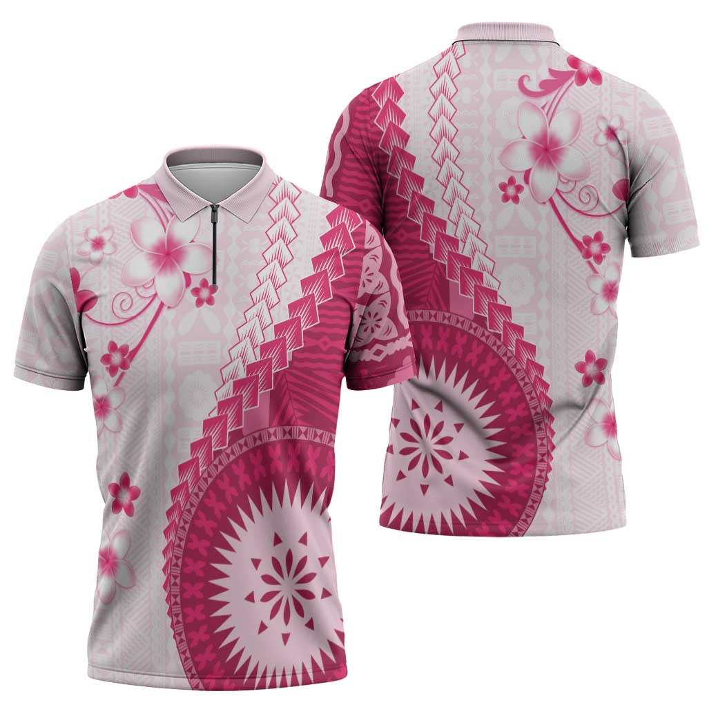 Bula Fiji Zipper Polo Shirt Pink Plumeria Masi Tapa Pattern - Polynesian Pride
