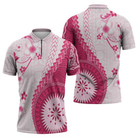 Bula Fiji Zipper Polo Shirt Pink Plumeria Masi Tapa Pattern - Polynesian Pride