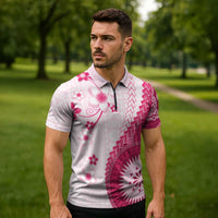 Bula Fiji Zipper Polo Shirt Pink Plumeria Masi Tapa Pattern - Polynesian Pride