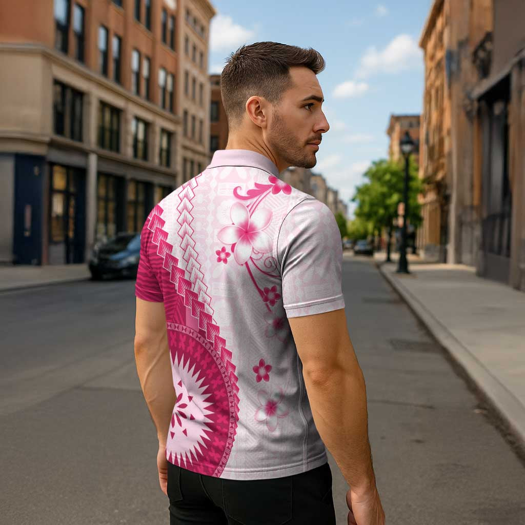 Bula Fiji Zipper Polo Shirt Pink Plumeria Masi Tapa Pattern - Polynesian Pride
