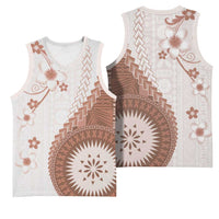 Bula Fiji Basketball Jersey Brown Plumeria Masi Tapa Pattern - Polynesian Pride