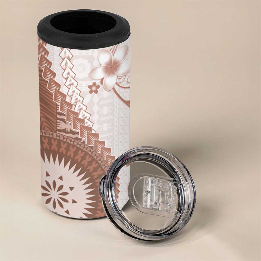 Bula Fiji 4 in 1 Can Cooler Tumbler Brown Plumeria Masi Tapa Pattern - Polynesian Pride