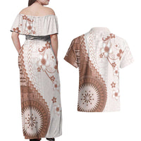 Bula Fiji Couples Matching Off Shoulder Maxi Dress and Hawaiian Shirt Brown Plumeria Masi Tapa Pattern - Polynesian Pride