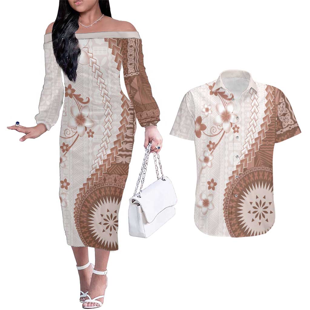 Bula Fiji Couples Matching Off The Shoulder Long Sleeve Dress and Hawaiian Shirt Brown Plumeria Masi Tapa Pattern - Polynesian Pride