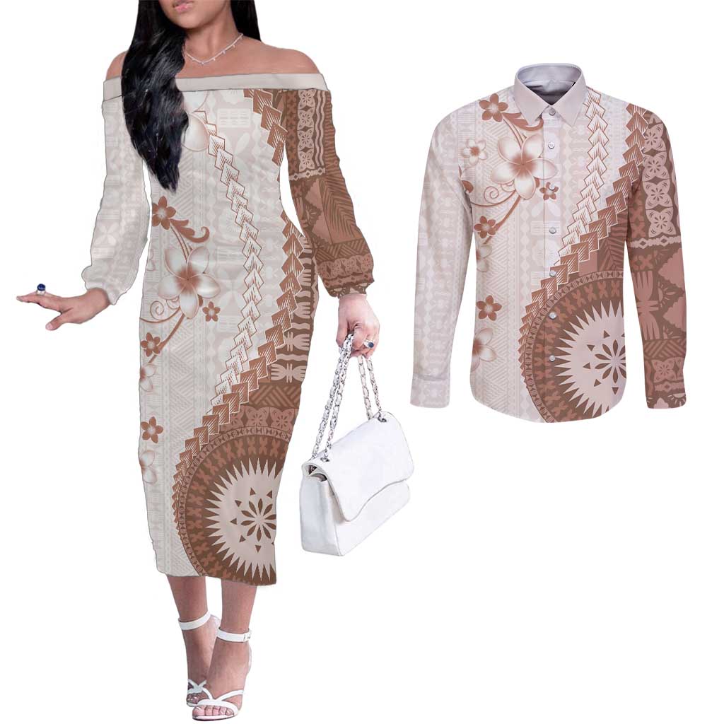 Bula Fiji Couples Matching Off The Shoulder Long Sleeve Dress and Long Sleeve Button Shirt Brown Plumeria Masi Tapa Pattern LT05 Brown - Polynesian Pride