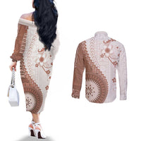 Bula Fiji Couples Matching Off The Shoulder Long Sleeve Dress and Long Sleeve Button Shirt Brown Plumeria Masi Tapa Pattern LT05 - Polynesian Pride