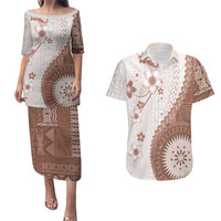 Bula Fiji Couples Matching Puletasi and Hawaiian Shirt Brown Plumeria Masi Tapa Pattern - Polynesian Pride