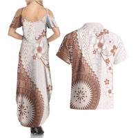 Bula Fiji Couples Matching Summer Maxi Dress and Hawaiian Shirt Brown Plumeria Masi Tapa Pattern - Polynesian Pride