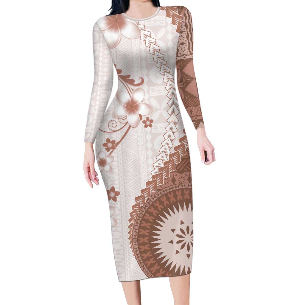Bula Fiji Family Matching Long Sleeve Bodycon Dress and Hawaiian Shirt Brown Plumeria Masi Tapa Pattern - Polynesian Pride