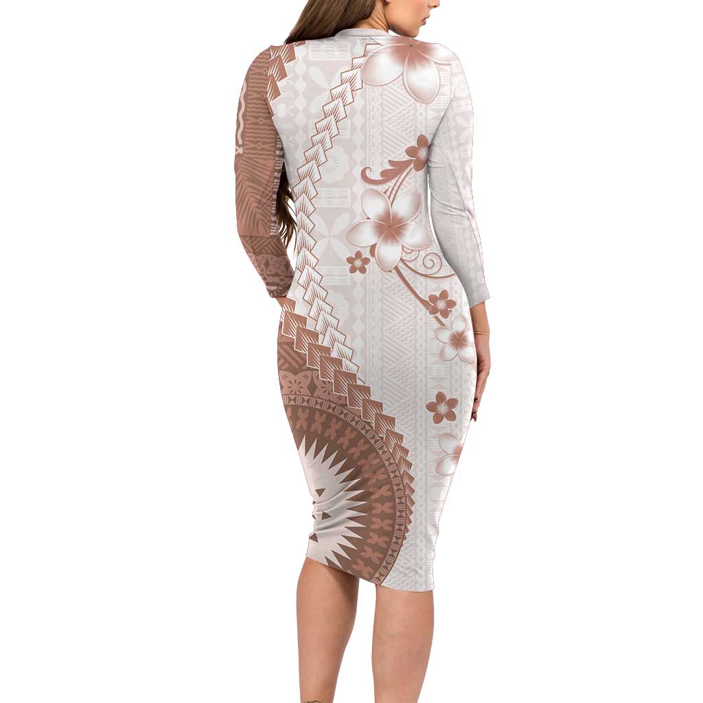 Bula Fiji Family Matching Long Sleeve Bodycon Dress and Hawaiian Shirt Brown Plumeria Masi Tapa Pattern - Polynesian Pride