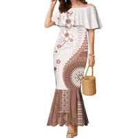 Bula Fiji Family Matching Mermaid Dress and Hawaiian Shirt Brown Plumeria Masi Tapa Pattern - Polynesian Pride