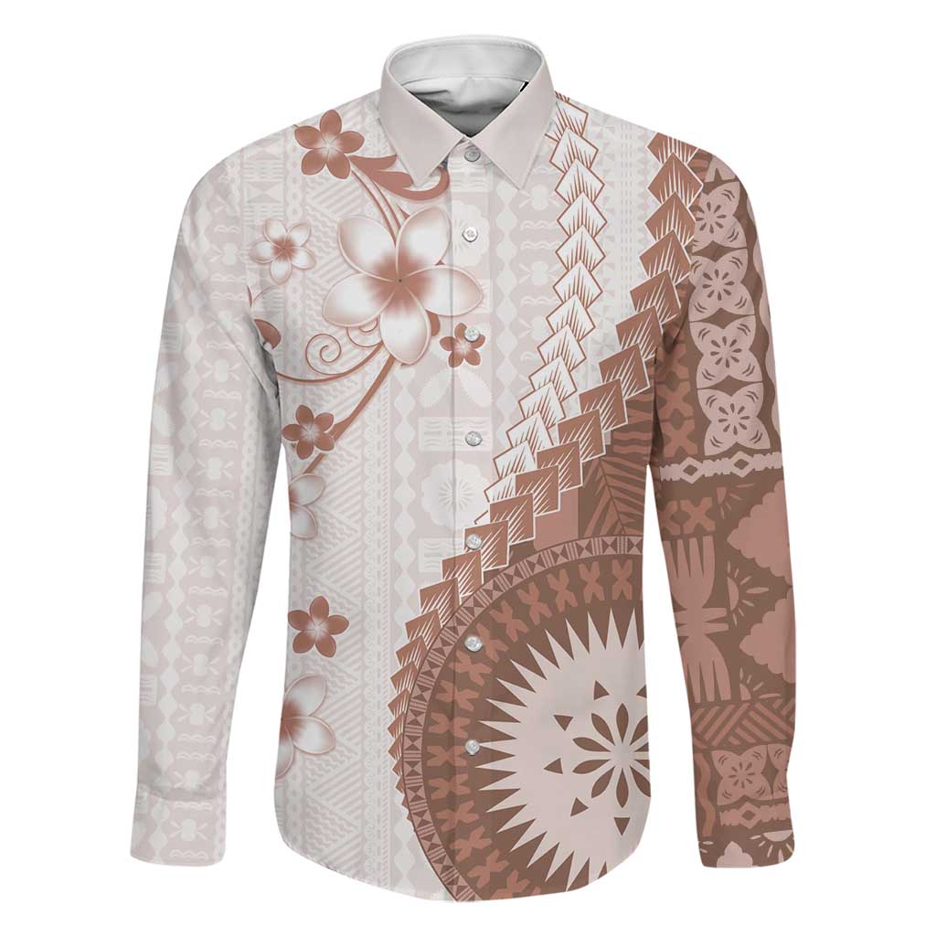 Bula Fiji Family Matching Off The Shoulder Long Sleeve Dress and Hawaiian Shirt Brown Plumeria Masi Tapa Pattern - Polynesian Pride
