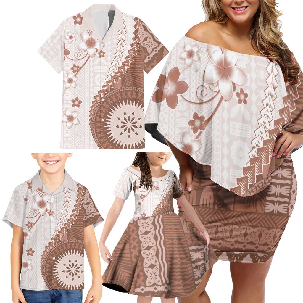 Bula Fiji Family Matching Off Shoulder Short Dress and Hawaiian Shirt Brown Plumeria Masi Tapa Pattern - Polynesian Pride