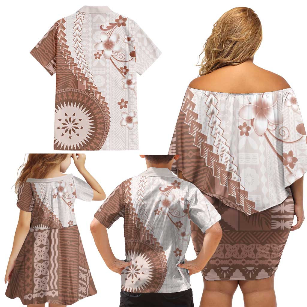 Bula Fiji Family Matching Off Shoulder Short Dress and Hawaiian Shirt Brown Plumeria Masi Tapa Pattern - Polynesian Pride
