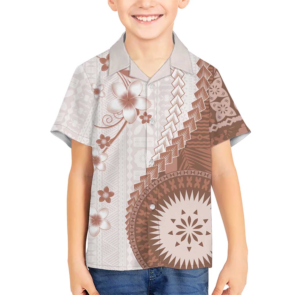 Bula Fiji Family Matching Off Shoulder Short Dress and Hawaiian Shirt Brown Plumeria Masi Tapa Pattern - Polynesian Pride