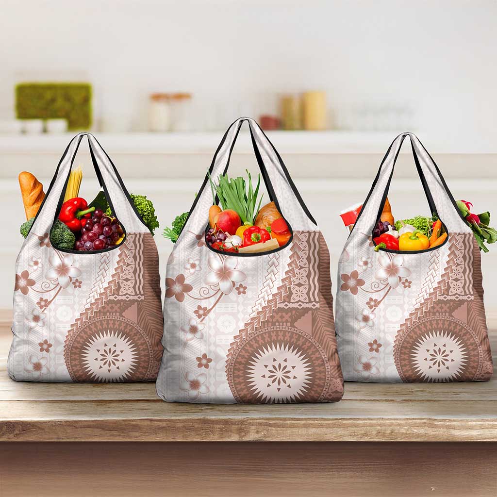 Bula Fiji Grocery Bag Brown Plumeria Masi Tapa Pattern LT05 3-pack One Size Brown - Polynesian Pride