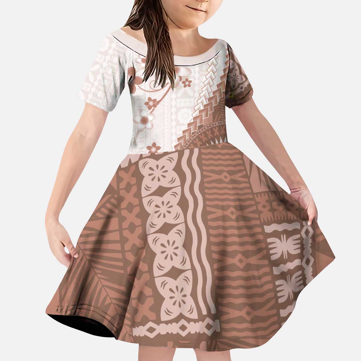 Bula Fiji Kid Short Sleeve Dress Brown Plumeria Masi Tapa Pattern LT05 KID Brown - Polynesian Pride