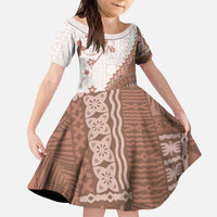 Bula Fiji Kid Short Sleeve Dress Brown Plumeria Masi Tapa Pattern LT05 KID Brown - Polynesian Pride