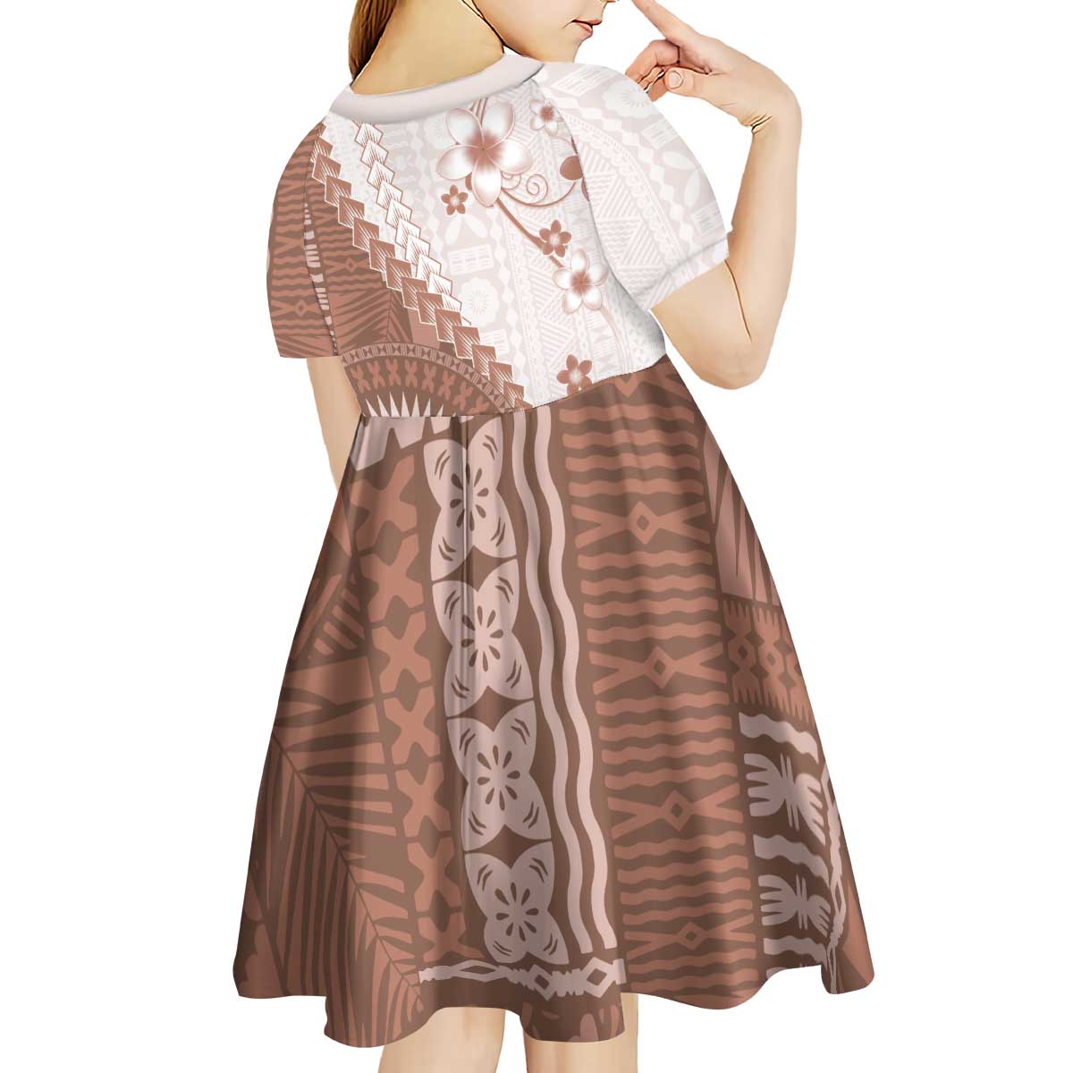 Bula Fiji Kid Short Sleeve Dress Brown Plumeria Masi Tapa Pattern LT05 - Polynesian Pride