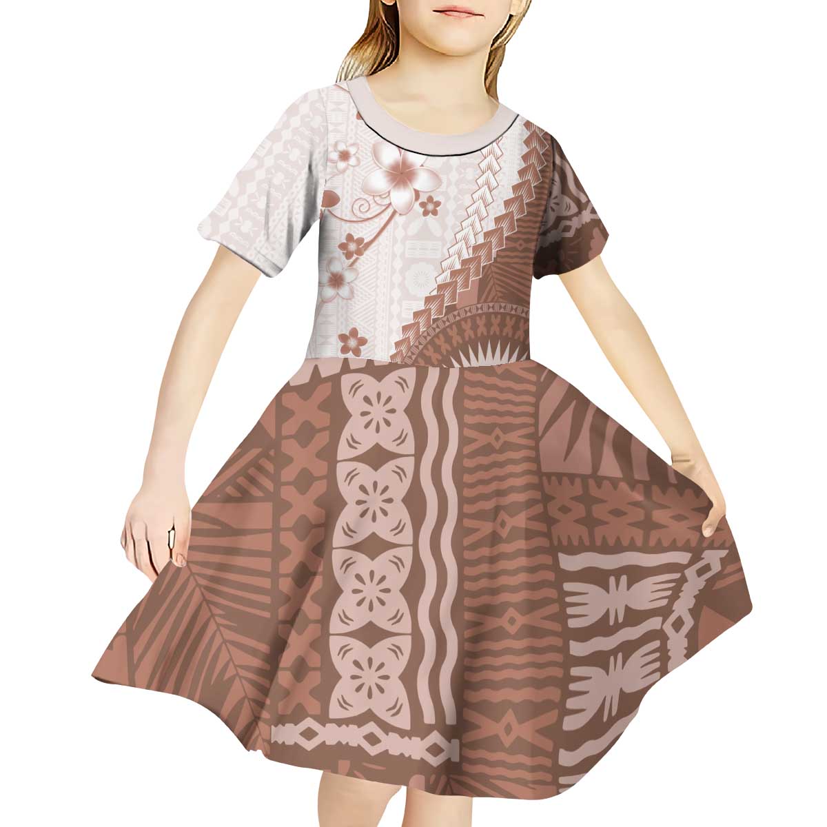 Bula Fiji Kid Short Sleeve Dress Brown Plumeria Masi Tapa Pattern LT05 - Polynesian Pride