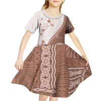 Bula Fiji Kid Short Sleeve Dress Brown Plumeria Masi Tapa Pattern LT05 - Polynesian Pride