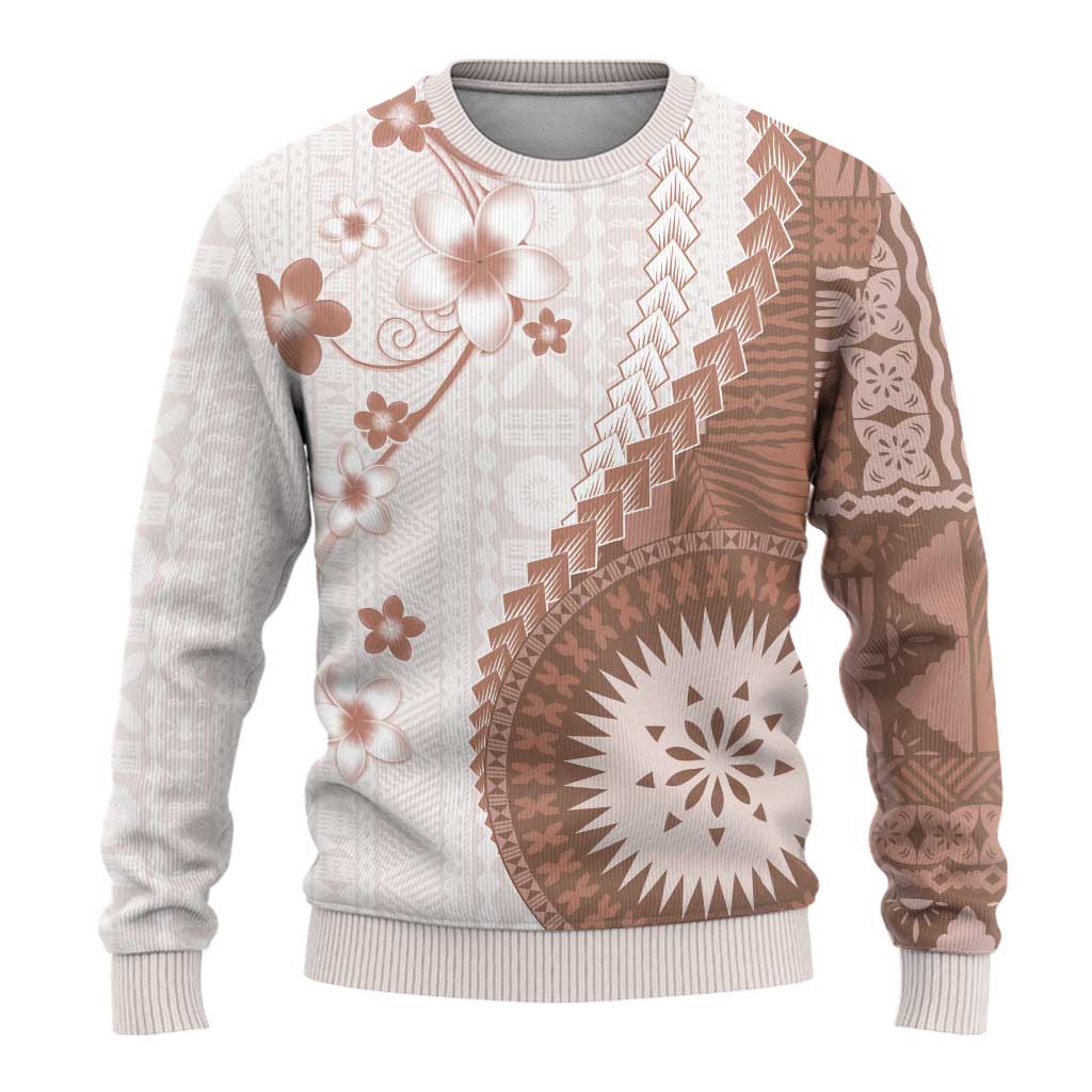 Bula Fiji Ugly Christmas Sweater Brown Plumeria Masi Tapa Pattern - Polynesian Pride