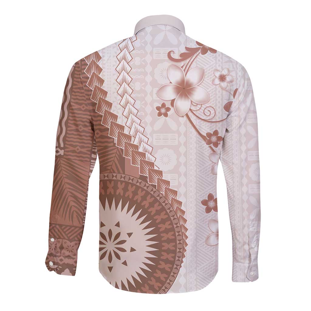 Bula Fiji Long Sleeve Button Shirt Brown Plumeria Masi Tapa Pattern - Polynesian Pride