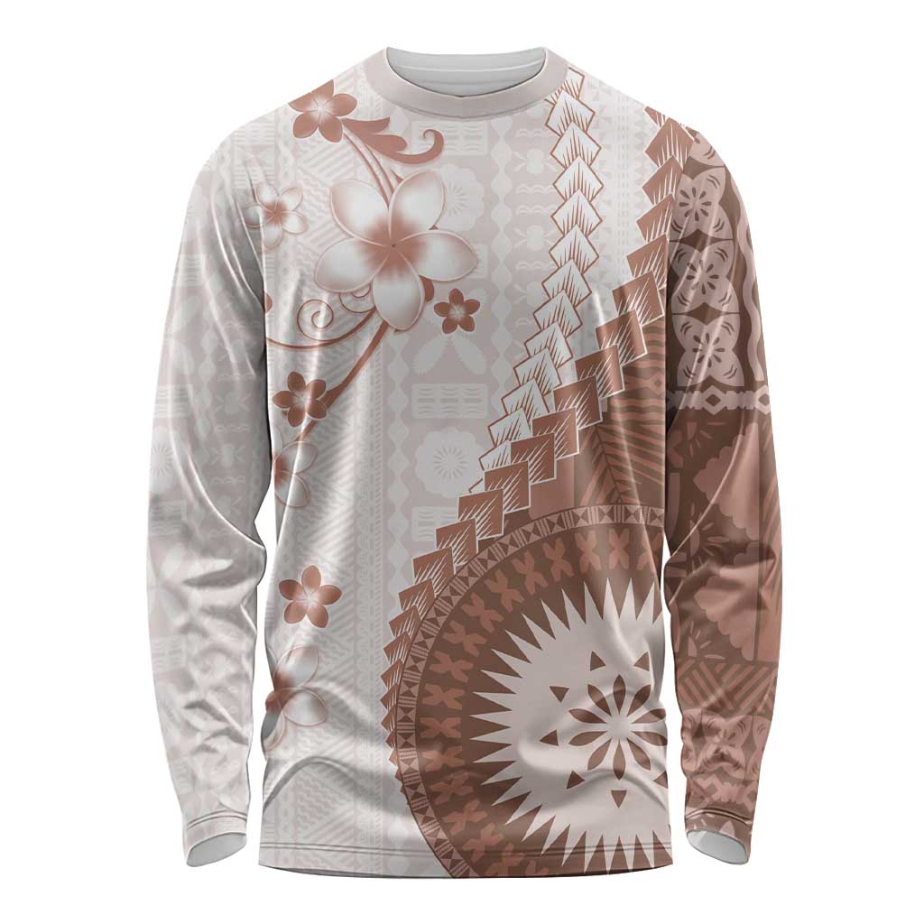 Bula Fiji Long Sleeve Shirt Brown Plumeria Masi Tapa Pattern - Polynesian Pride
