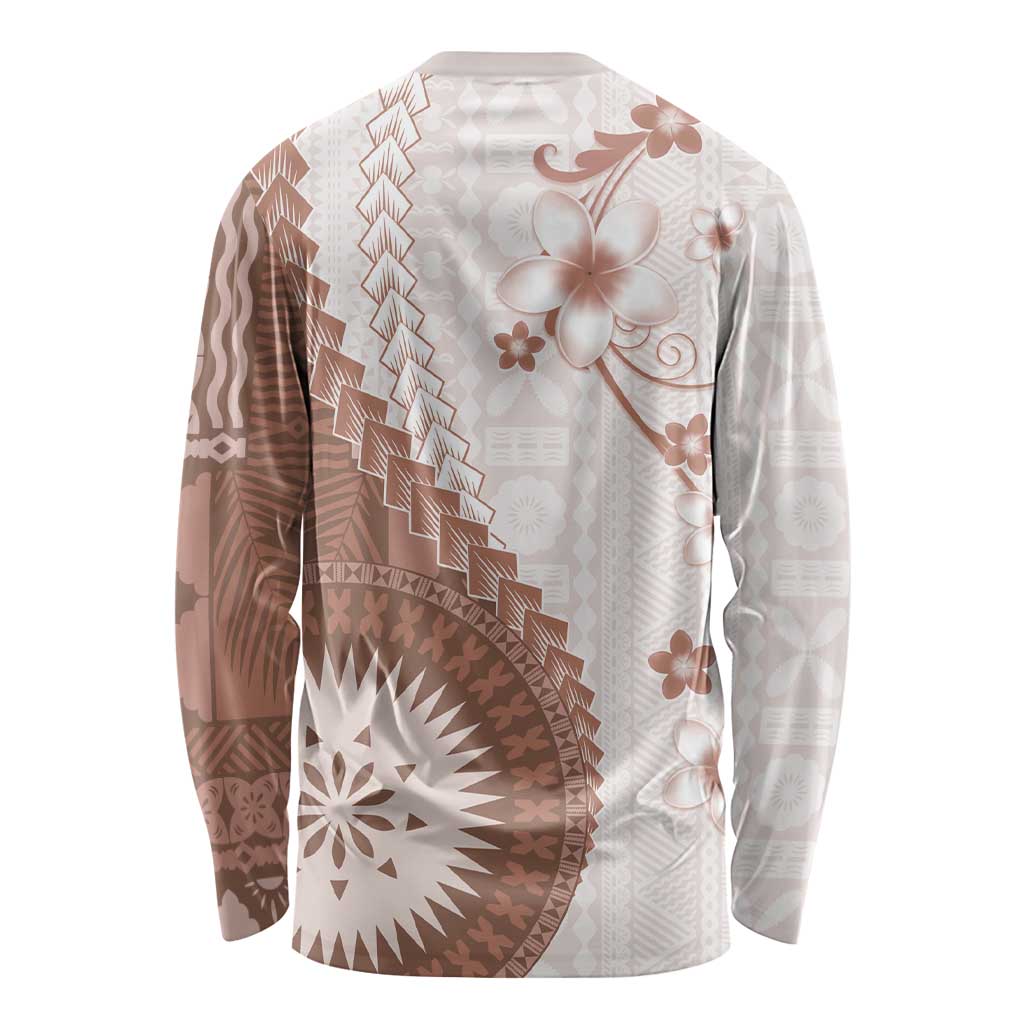 Bula Fiji Long Sleeve Shirt Brown Plumeria Masi Tapa Pattern - Polynesian Pride