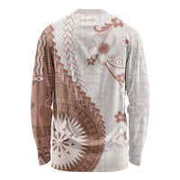 Bula Fiji Long Sleeve Shirt Brown Plumeria Masi Tapa Pattern - Polynesian Pride