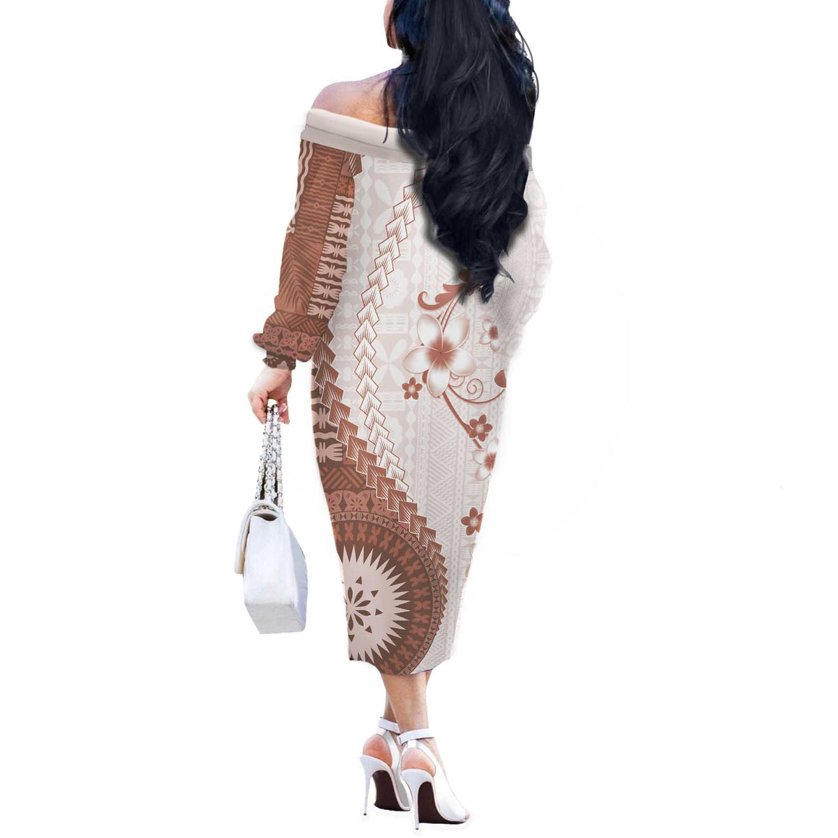 Bula Fiji Off The Shoulder Long Sleeve Dress Brown Plumeria Masi Tapa Pattern - Polynesian Pride