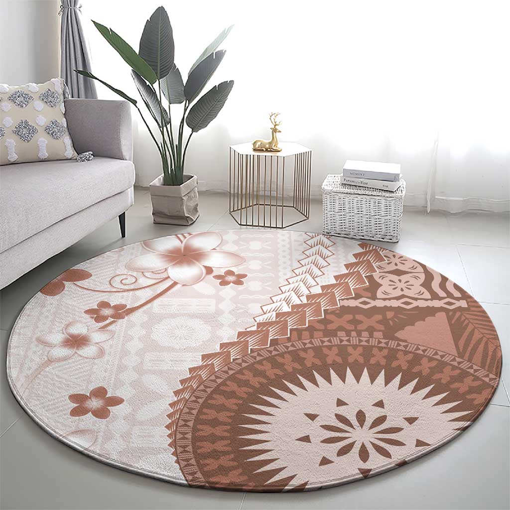 Bula Fiji Round Carpet Brown Plumeria Masi Tapa Pattern LT05 - Polynesian Pride