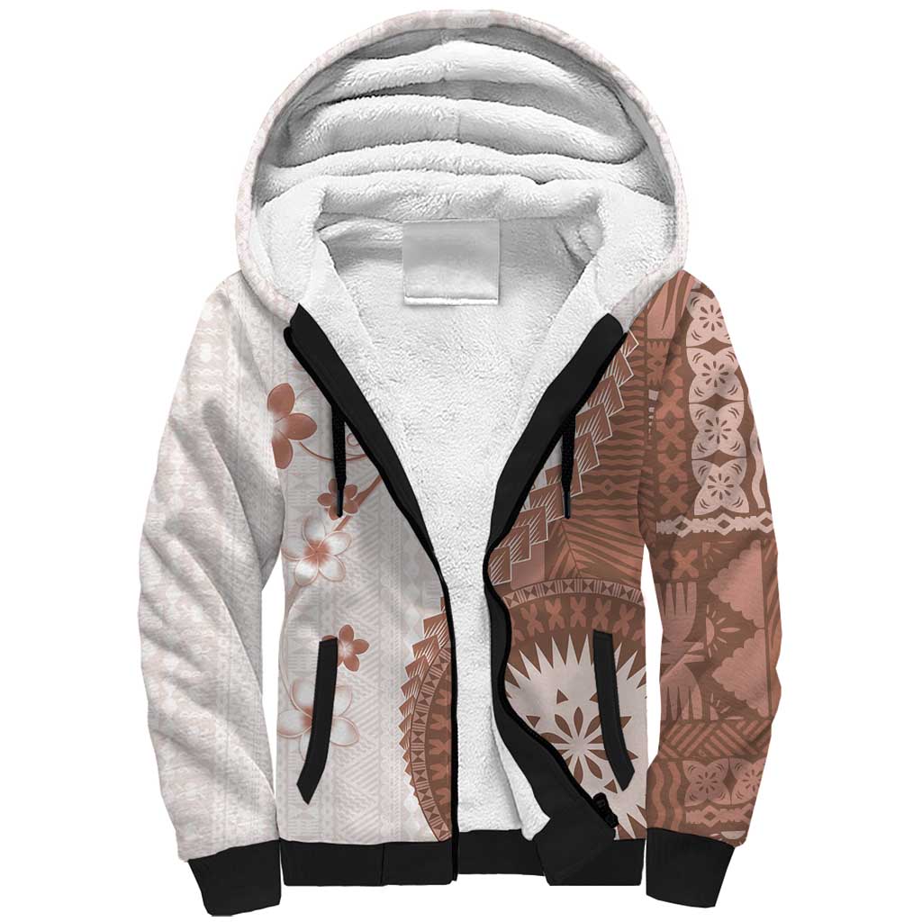 Bula Fiji Sherpa Hoodie Brown Plumeria Masi Tapa Pattern LT05 Unisex Brown - Polynesian Pride