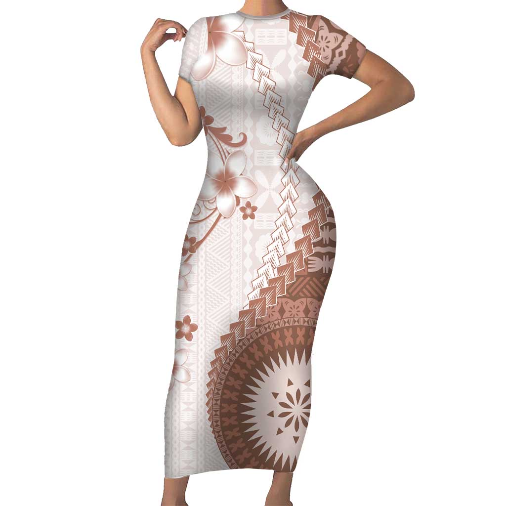 Bula Fiji Short Sleeve Bodycon Dress Brown Plumeria Masi Tapa Pattern - Polynesian Pride