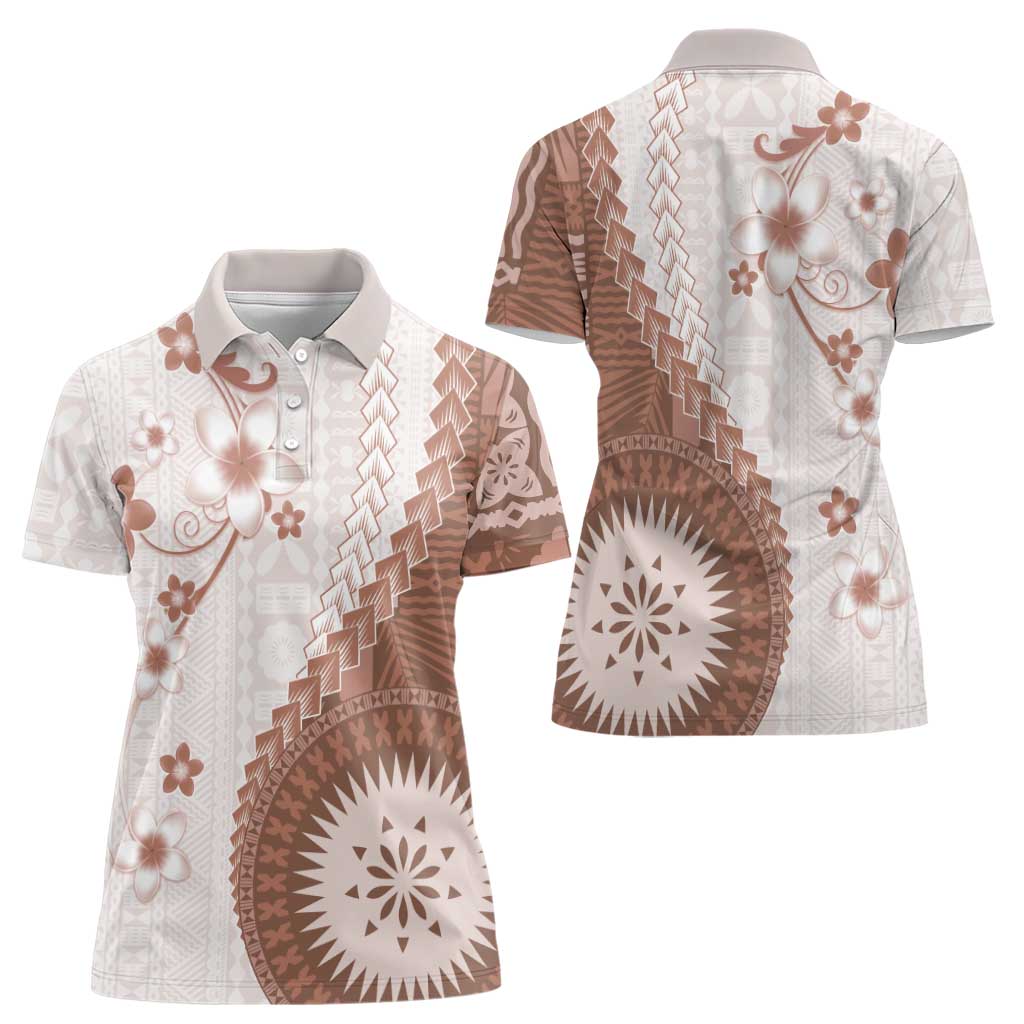 Bula Fiji Women Polo Shirt Brown Plumeria Masi Tapa Pattern - Polynesian Pride