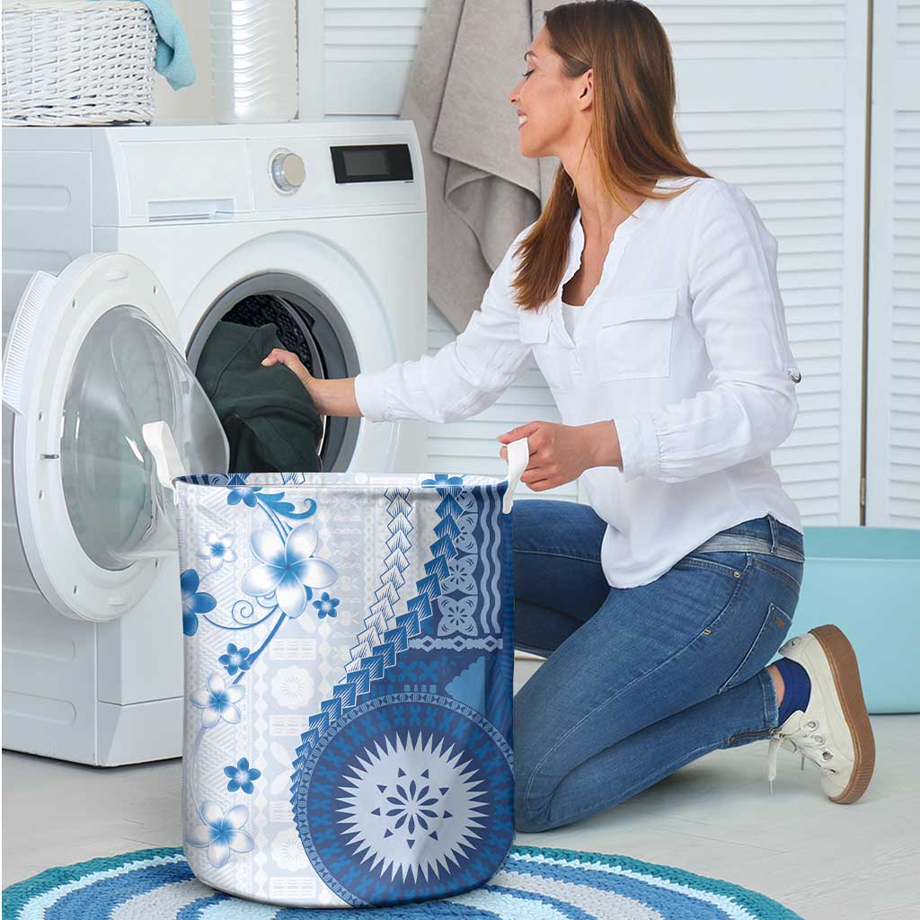 Bula Fiji Laundry Basket Blue Plumeria Masi Tapa Pattern LT05 - Polynesian Pride