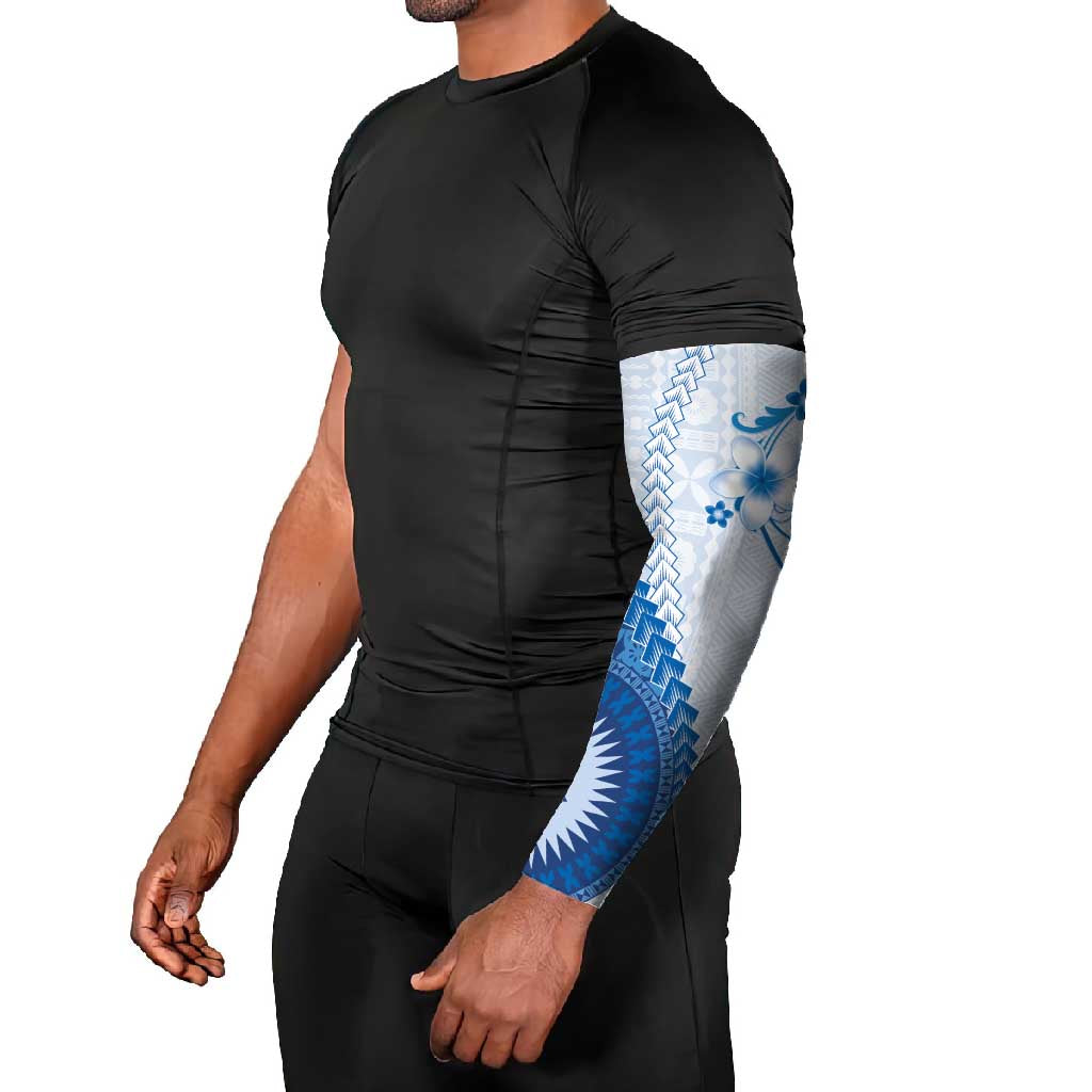 Bula Fiji Arm Sleeves Blue Plumeria Masi Tapa Pattern LT05 - Polynesian Pride
