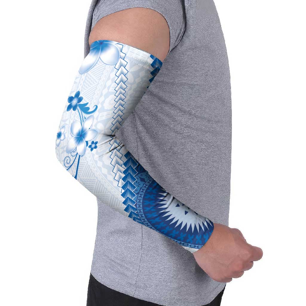 Bula Fiji Arm Sleeves Blue Plumeria Masi Tapa Pattern LT05 - Polynesian Pride